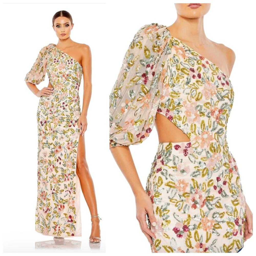 Mac Duggal Formal Floral Dress 5567 Beaded Sequin One Shoulder Gown Nude Maxi 2